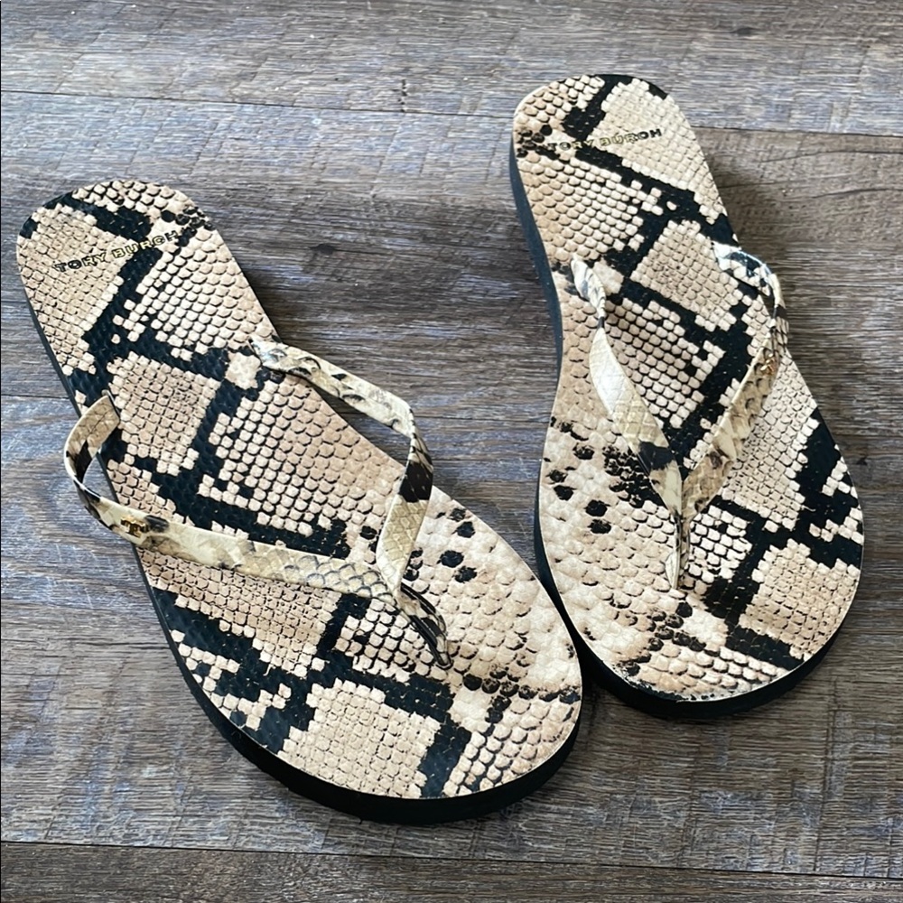 Tory Burch Snake Print Sandals - Black and Tan